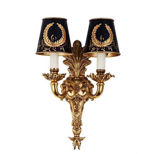 Vintage Brass Wall Sconce, Retro 2-Light Decorative Copper Wall Lamp with Black and Gold Shades for Hallway and Living Room Accent Lighting