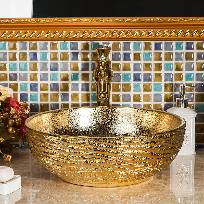 Gold Porcelain Art Wash Basin, Handcrafted Ceramic Lavabo Sink, Luxury Countertop Bathroom Vessel