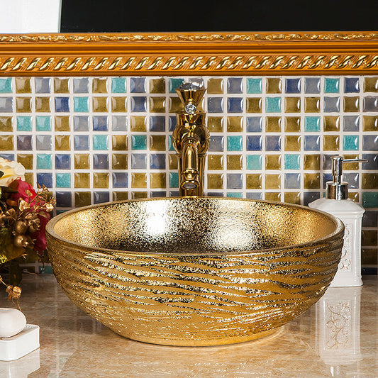 Gold Porcelain Art Wash Basin, Handcrafted Ceramic Lavabo Sink, Luxury Countertop Bathroom Vessel