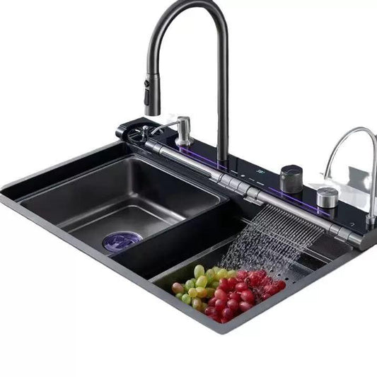 Modern Large Single Slot Stainless Steel Kitchen Sink, Handmade Multifunctional Basin with Cup Washer & LED Display