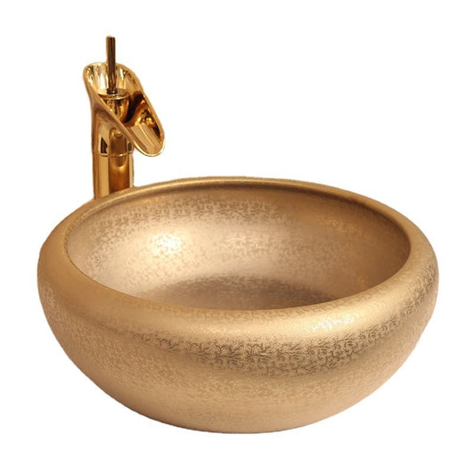 Golden Glazed Ceramic Bathroom Vessel Sink, Factory Direct Luxury Porcelain Round Basin, Countertop Lavabo Sanitary Ware