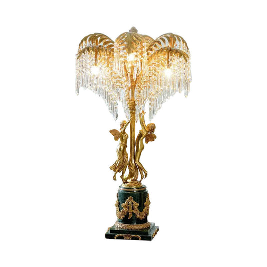 Luxury Palm Leaf Crystal Table Lamp, Marble Base Vintage Brass LED Decor, Statement Lighting for Hotel, Living Room, or High-End Home