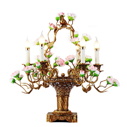 Luxury Floral Candelabra Table Lamp, Decorative Gold and Porcelain Flower Desk Light for Bedroom, Living Room, Vintage Accent Lighting