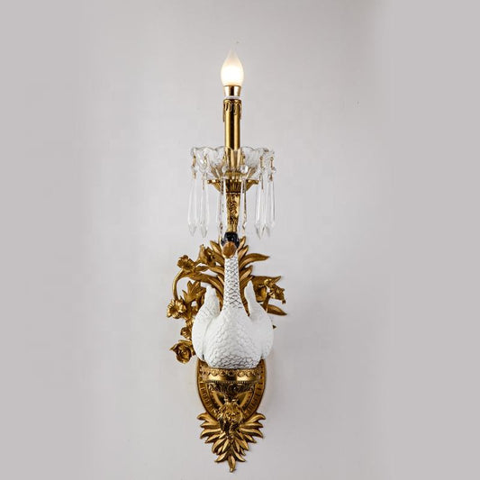 Luxury Swan Wall Sconce Light, Decorative Brass and Porcelain Bird Lamp with Crystals for Elegant Living Room, Bedroom, or Hallway Accent
