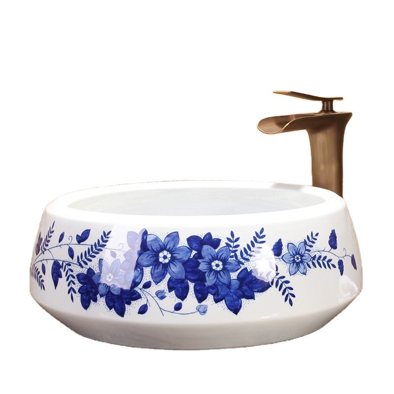 Handmade Blue Flower Branch Ceramic Bathroom Basin, Artistic White Porcelain Countertop Sink, Luxury Washbasin