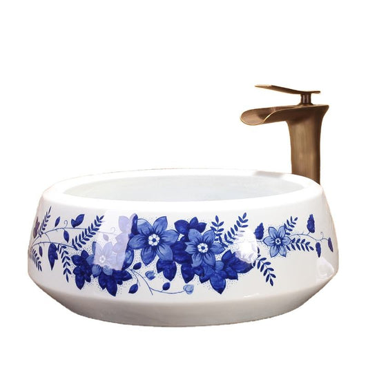Handmade Blue Flower Branch Ceramic Bathroom Basin, Artistic White Porcelain Countertop Sink, Luxury Washbasin