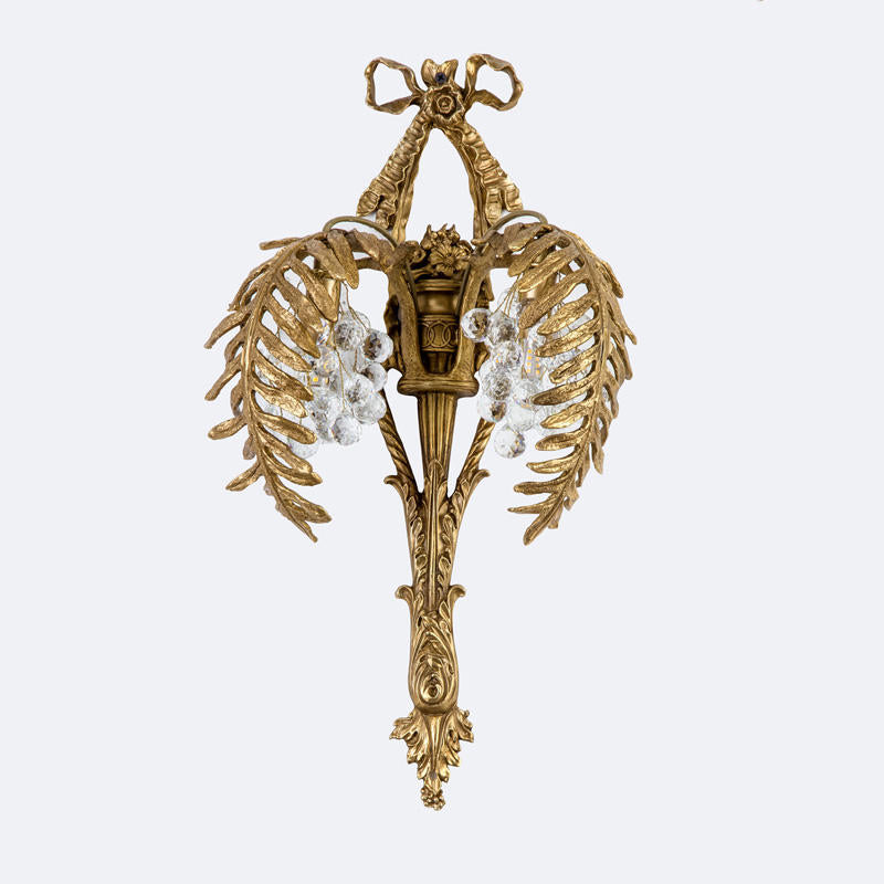 Luxury Palm Tree Brass Wall Lamp, Crystal Drop Gold Wall Sconce Light for Bedroom, Living Room, and Hall Accent Decor