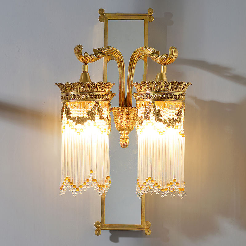 Luxurious Double Lantern Wall Sconce with Mirror Backplate, Antique Brass and Crystal Glass LED Wall Lamp for Hallway, Living Room, or Hotel Decor
