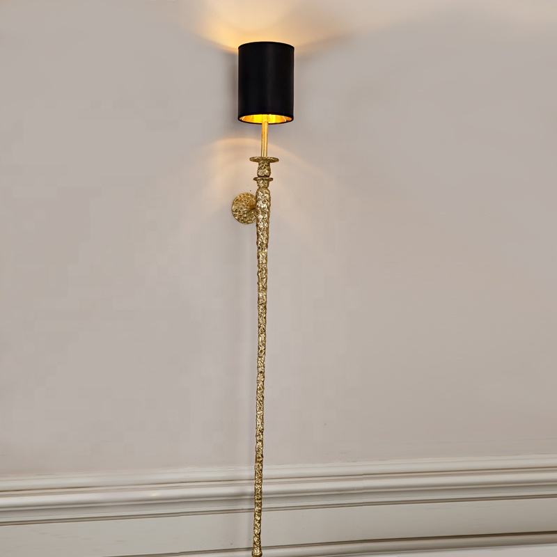 Modern Brass Torch Wall Sconce with Black Shade, Luxury Copper Metal Single Head Wall Lamp for Hotel and Home Hallway Lighting