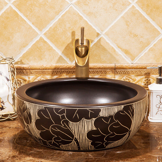 Lotus Painting Art Porcelain Bathroom Vessel Sink, Handcrafted Professional Ceramic Countertop Basin