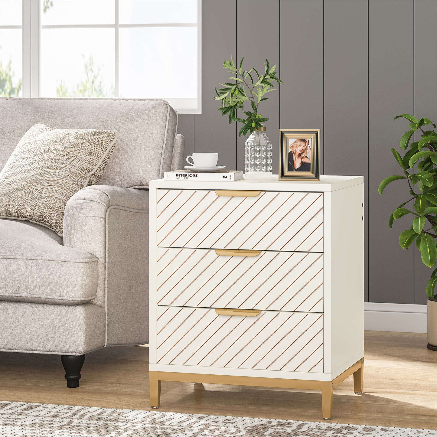 Elegant Modern White Wooden Bedside Table, 3-Drawer Nightstand for Bedroom – Minimalist Gold Accent Furniture