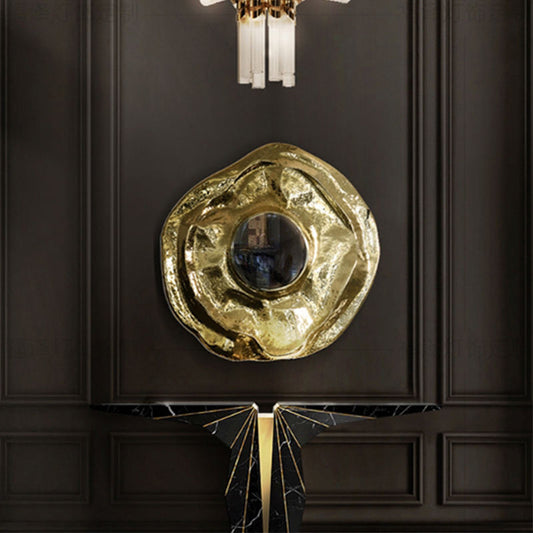 Luxury Gold Round Stainless Steel Wall Art – Modern Electroplating Circular Mirror, Handcrafted Metal Sculpture for Living Room, Hallway, Entryway