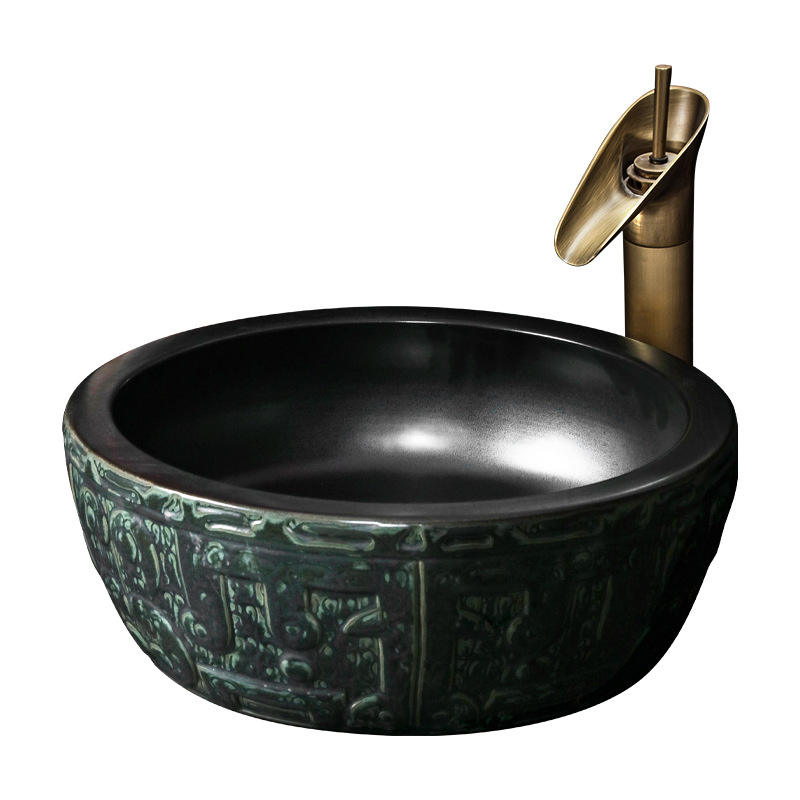 Ceramic Art Lavabo Vessel Sink, Black Green Rectangular Countertop Basin, Imitation Marble Finish for Bathroom, Artistic Bowl