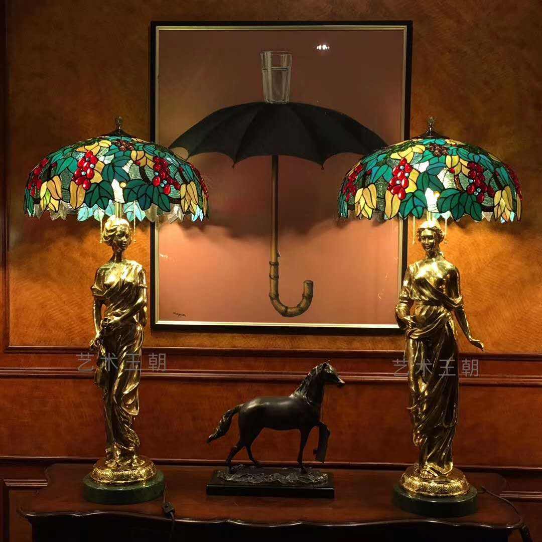 Luxury Mosaic Table Lamp, Brass Bronze Statue Base with Murano Glass Shade, LED Bedside Light for Bedroom & Living Room