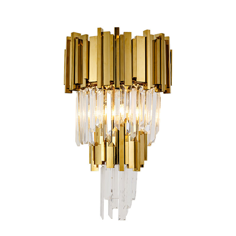 Modern Empire LED Wall Sconce, Stainless Gold Finish Steel and Crystal 3-Head Wall Light Fixture for Hotel and Luxury Interiors