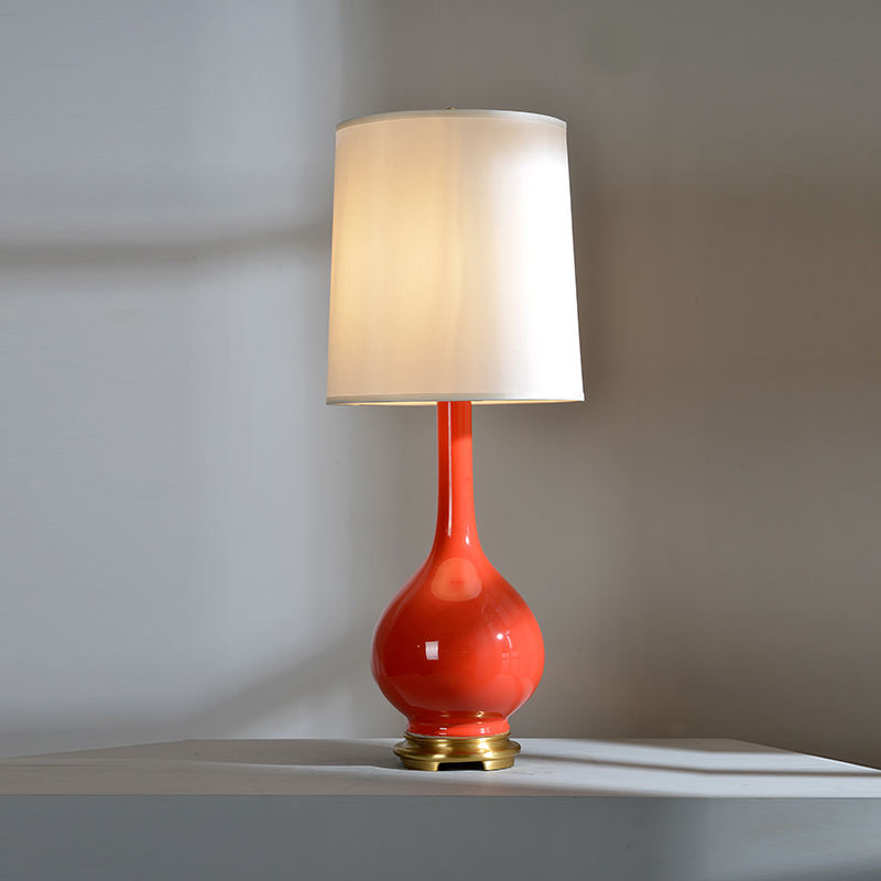 Modern Red Ceramic Table Lamp, Tall Retro Porcelain Desk Light with White Fabric Shade, LED Compatible for Living Room, Bedroom, End Table