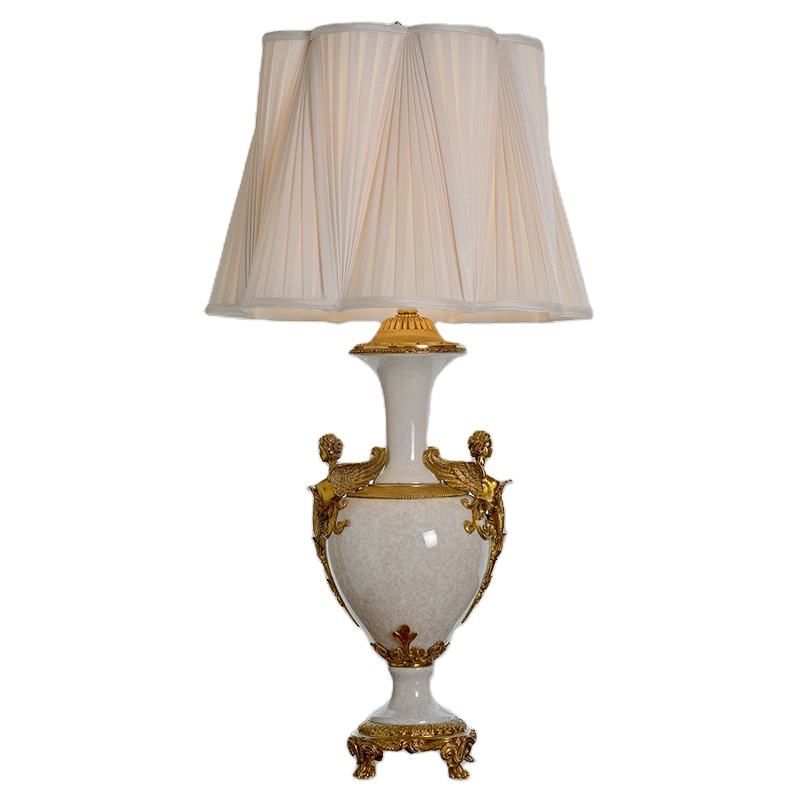 Antique Luxury Porcelain Table Lamp, Statuary Bronze Angel and White Flower Marquetry, Elegant Bedside Light for Bedroom & Living Room