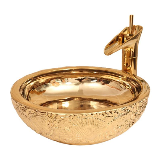 Handmade Gold Ceramic Bathroom Basin, Countertop Round Porcelain Wash Sink with Embossed Shell Pattern