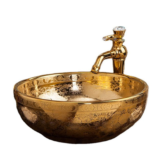 Modern Gold Ceramic Countertop Basin, Handmade Bathroom Sink, Luxury Porcelain Washbasin – Artistic Vessel