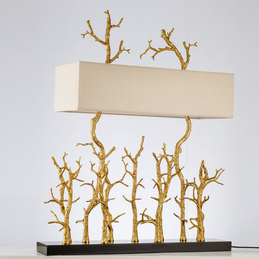 Creative Bronze Branch Table Lamp, Modern LED Decorative Desk Light with Rectangular Shade, Luxury Copper Accent Office and Bedroom Lighting