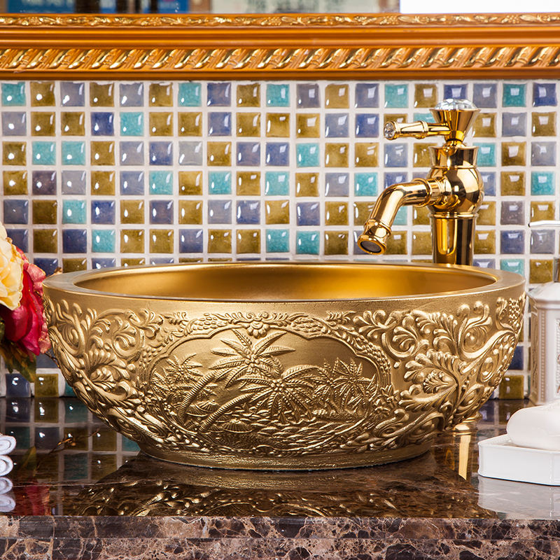 Golden Vintage Carved Art Ceramic Wash Basin, Luxury Embossed Countertop Round Bathroom Sink Bowl – Gold