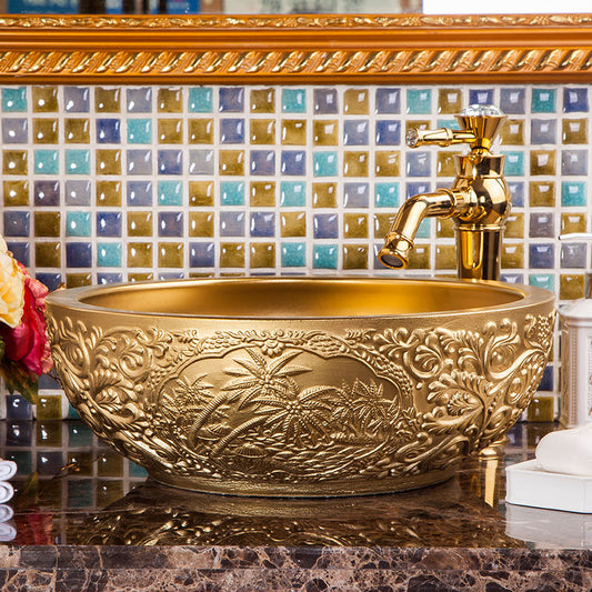 Golden Vintage Carved Art Ceramic Wash Basin, Luxury Embossed Countertop Round Bathroom Sink Bowl – Gold