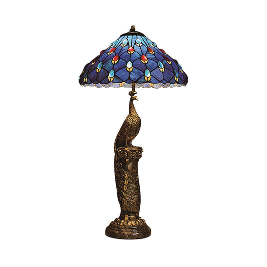 Antique Style Peacock Table Lamp, Vintage Brass Empire LED Decorative Lighting, Stained Glass Shade