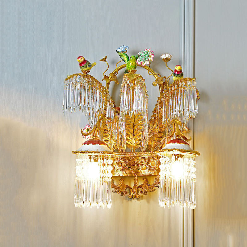 LED Wall Light, Luxury Brass Wall Sconce with Ceramic Birds and Crystal Accents, Modern High-End Decorative Fixture