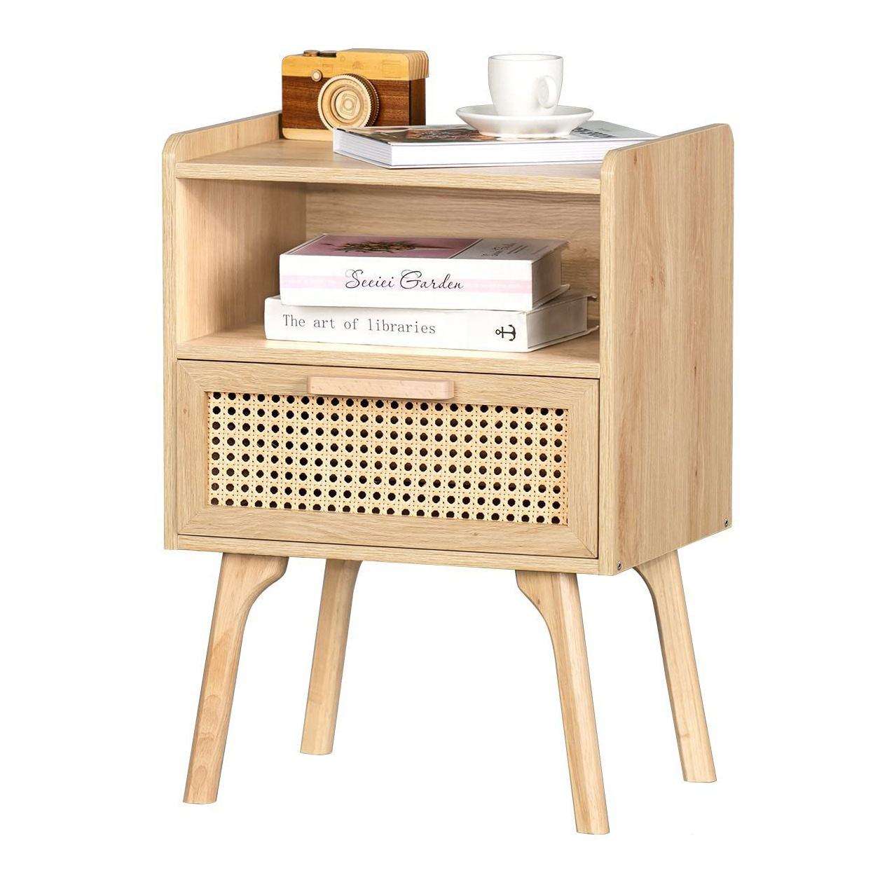 Solid Wood Rattan Bedside Table with Open Shelf and Drawer, Sturdy Nightstand with Tapered Legs for Bedroom