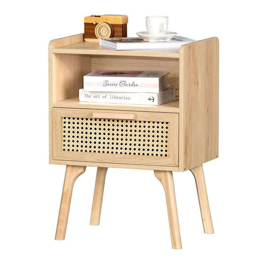 Solid Wood Rattan Bedside Table with Open Shelf and Drawer, Sturdy Nightstand with Tapered Legs for Bedroom