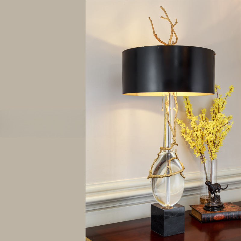 Modern Marble Table Lamp with Brass and Clear Crystal, Luxury Decorative LED Bedside Light, Black Shade, Designer Nightstand Lighting
