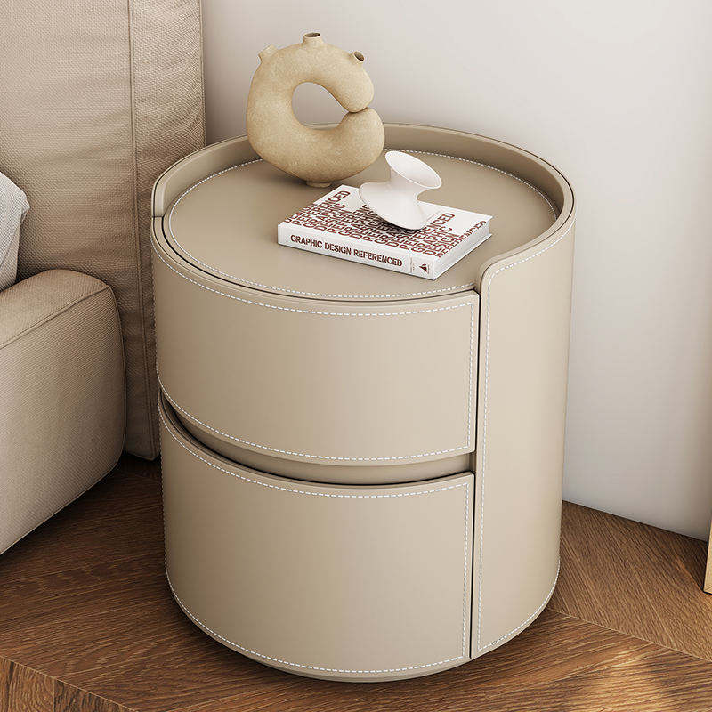 High-Quality Round Leather Bedside Table, Modern Slate Top Side Table with 2 Drawers for Bedroom, Hotel, or Luxury Living