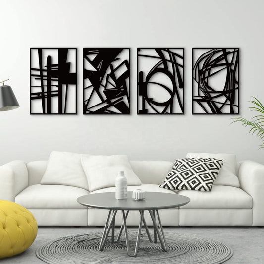 Modern Abstract Metal Wall Art Set of 4 – Handicraft Metal Frames, Contemporary Wall Hanging Decor, Large Geometric Art Panels for Living Room, Bedroom