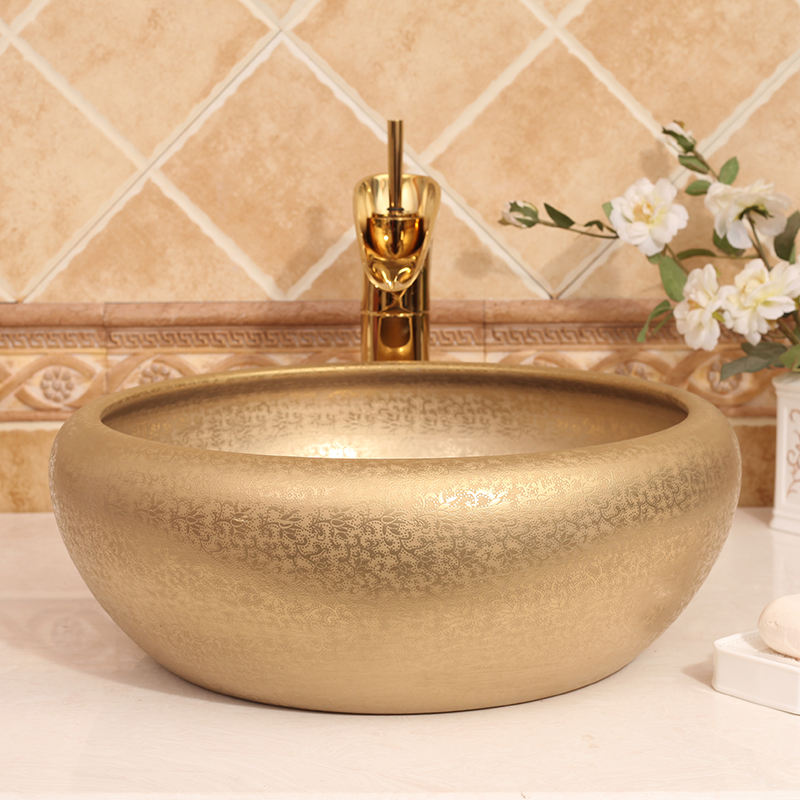 Golden Glazed Ceramic Bathroom Vessel Sink, Factory Direct Luxury Porcelain Round Basin, Countertop Lavabo Sanitary Ware