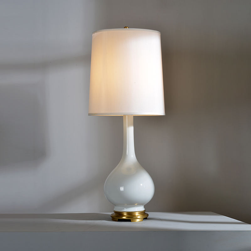Modern White Porcelain and Brass Desk Lamp, Fabric Shade, LED Table Lamp for Studyroom, Fancy Oil Rub Brown Ceramic