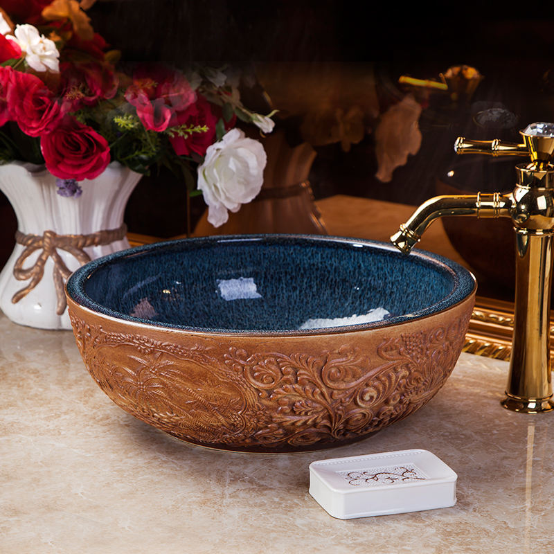 Handmade Engraved Tree Porcelain Bathroom Basin, Rustic Brown Ceramic Round Countertop Sink – Art Bowl