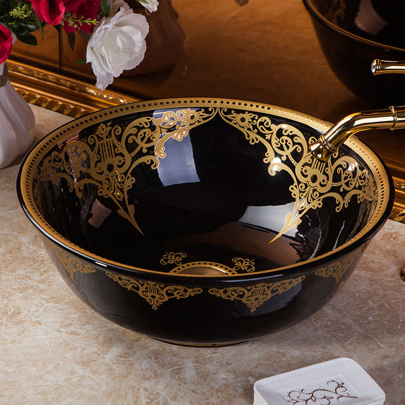 Art Porcelain Countertop Basin, Blue & Gold Hand Wash Bathroom Sink, Round Artistic Vanity Vessel