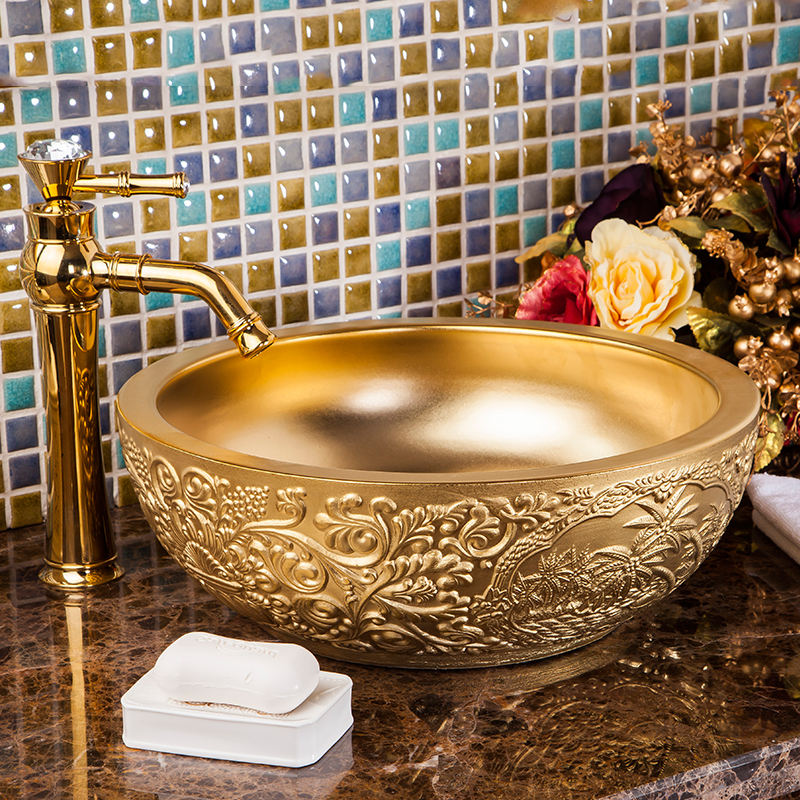 Golden Vintage Carved Art Ceramic Wash Basin, Luxury Embossed Countertop Round Bathroom Sink Bowl – Gold