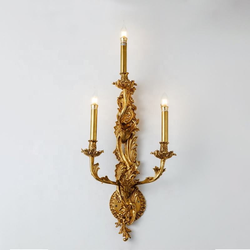 Antique Triple Arm Brass Wall Sconce, Candle-Style Copper and Bronze Flower Leaf Decorative Lamp, Energy Efficient LED Hallway Light Fixture
