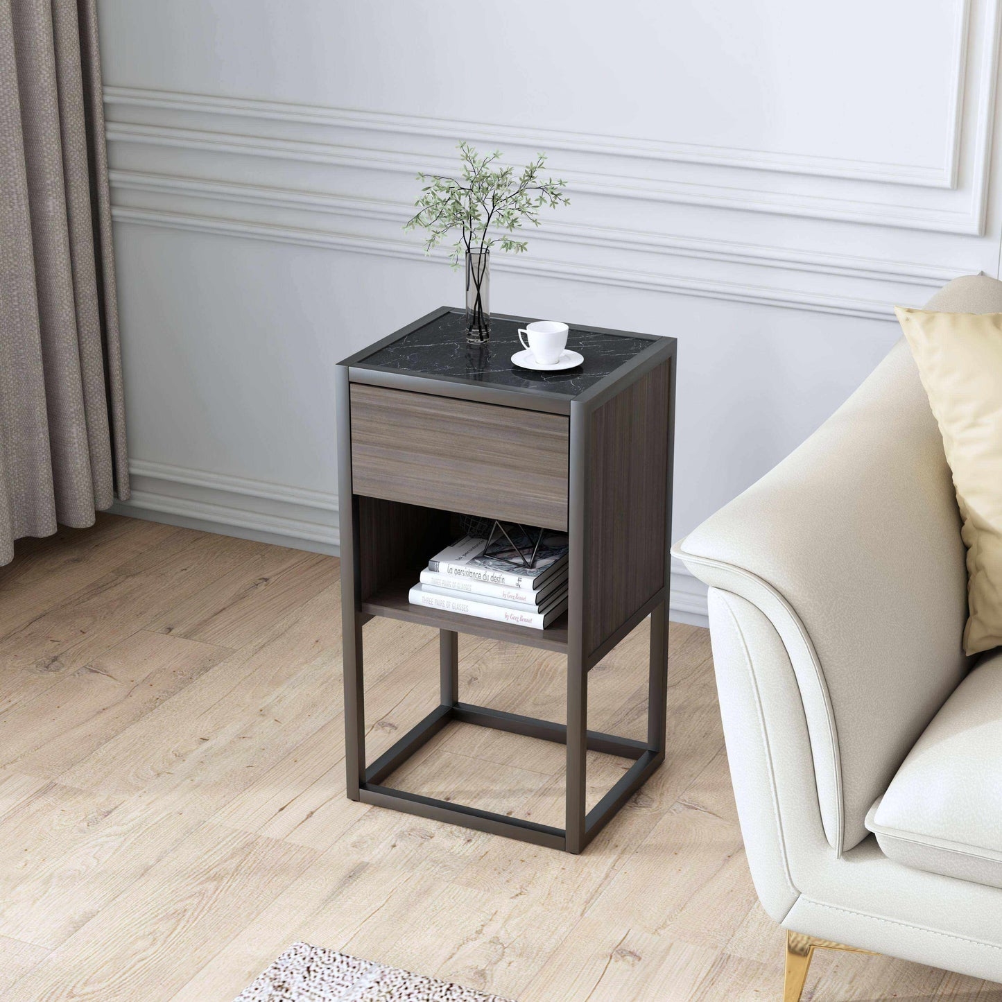 Modern Wood and Marble Nightstand for Bedroom, Living Room, Home or Hotel, Contemporary End Table with Drawer and Open Shelf