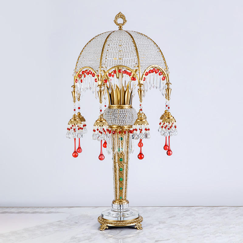 Classical Crystal Table Lamp, Vintage Brass and Red Beaded Designer Desk Light for Bedroom, Living Room, or Hotel
