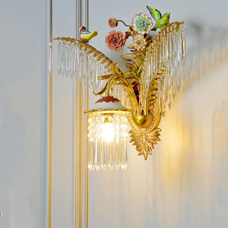 LED Wall Light, Luxury Brass Wall Sconce with Ceramic Birds and Crystal Accents, Modern High-End Decorative Fixture