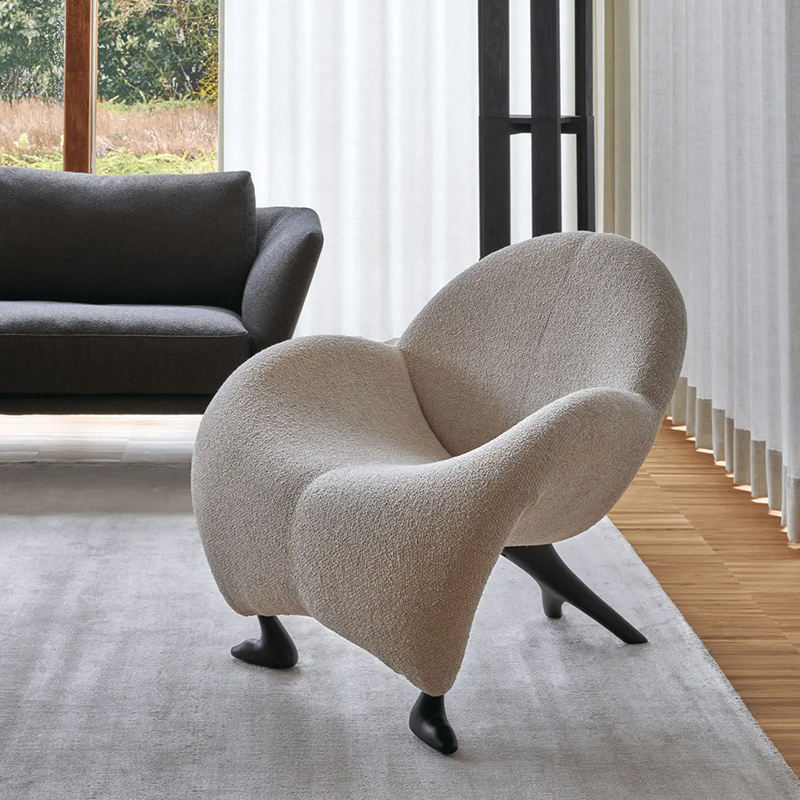 Unique Fiberglass & Solid Wood Teddy Velvet Lounge Chair, Sculptural High Density Sponge Armchair for Hotel & Living Room Modern Interiors