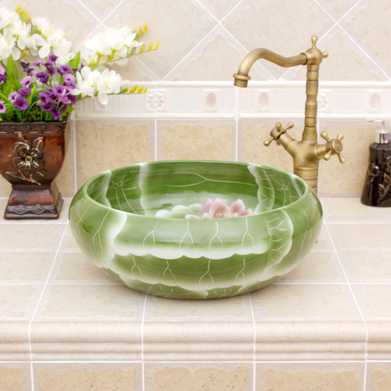 Hand-Painted Lotus Art Ceramic Wash Basin, Green Porcelain Bathroom Sink Countertop Bowl, Lotus Flower Design