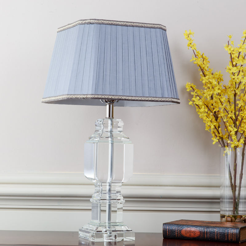 Luxury Crystal Table Lamp with Blue Fabric Shade, Modern Decorative Desk Light for Bedroom, Living Room, Hotel, Elegant Home Décor Nightstand Lighting