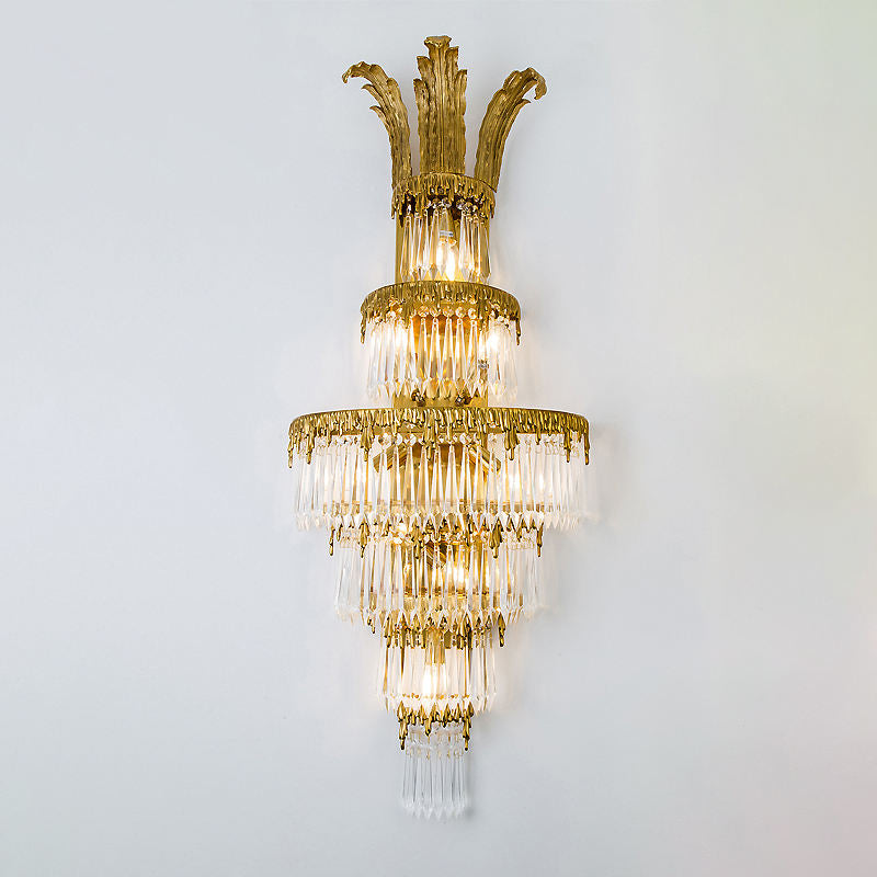 Luxury Brass Crystal Wall Sconce, Modern Tall Wall Mounted Lamp for Hotel, Restaurant, or Home Hall with USB Option