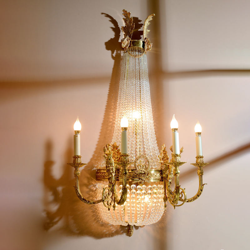 Crystal Wall Lamp, Grand Monopoint Light Fixture, Antique Luxury LED Wall Mount in Gold Brass & Copper