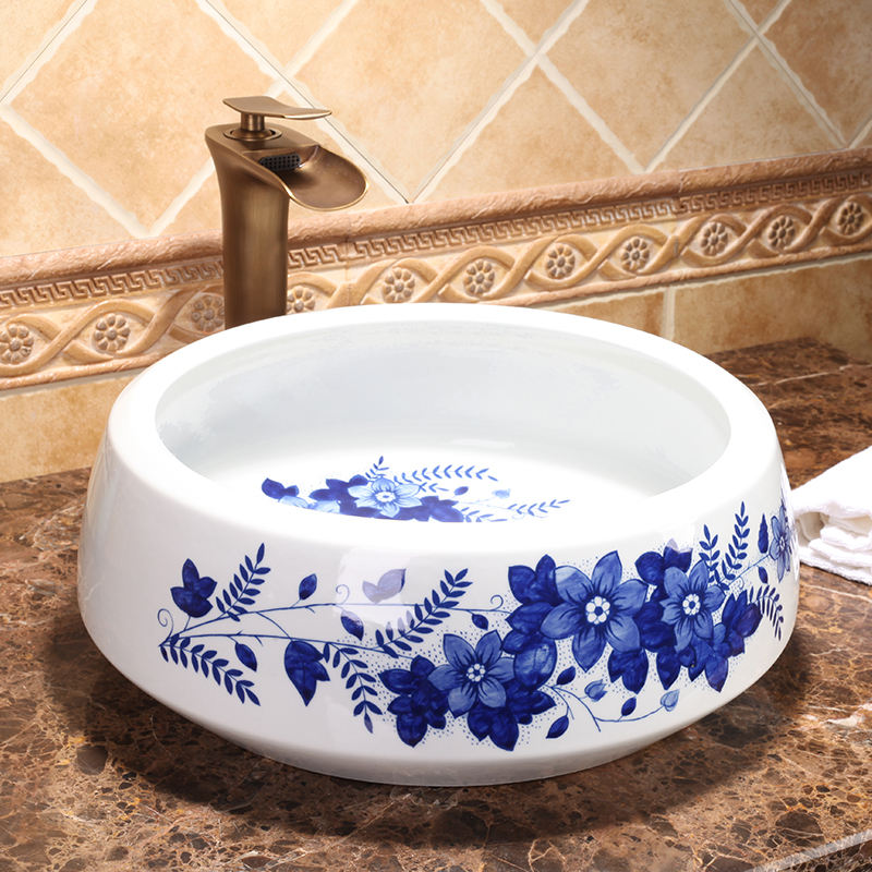 Handmade Blue Flower Branch Ceramic Bathroom Basin, Artistic White Porcelain Countertop Sink, Luxury Washbasin