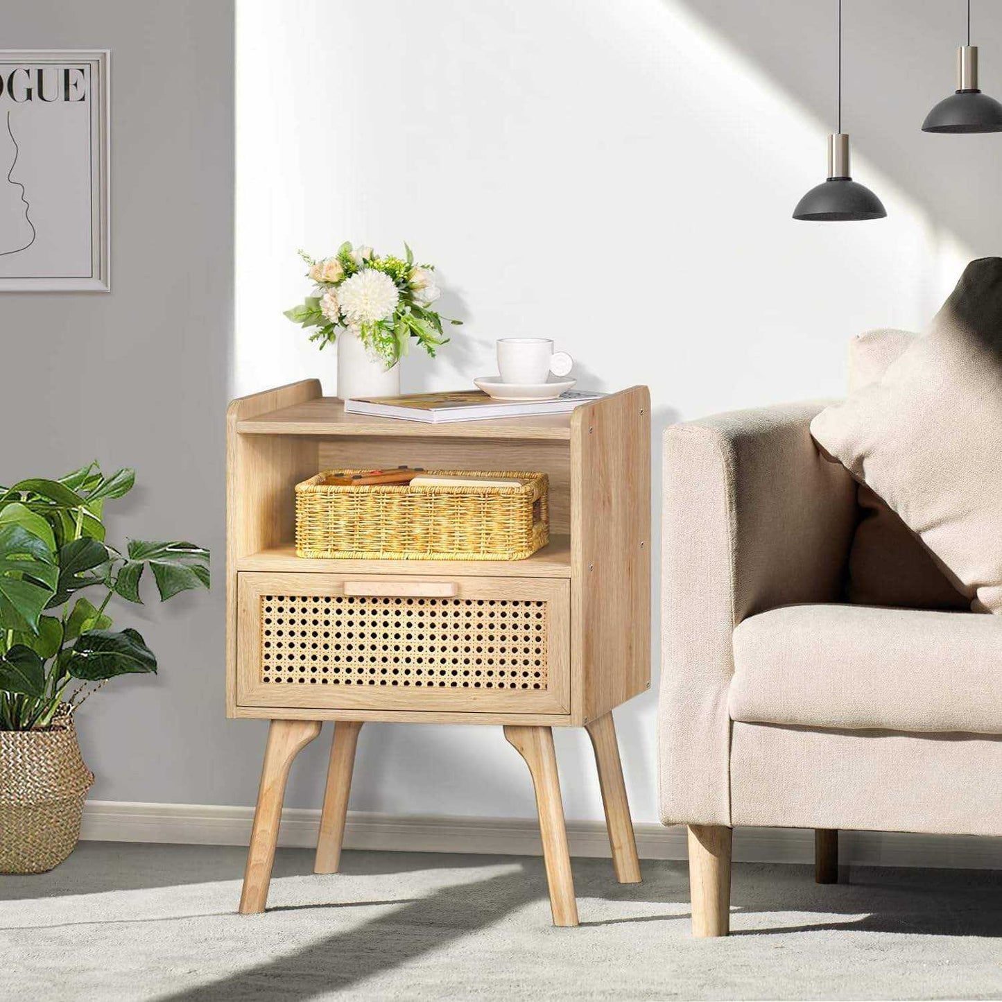 Solid Wood Rattan Bedside Table with Open Shelf and Drawer, Sturdy Nightstand with Tapered Legs for Bedroom