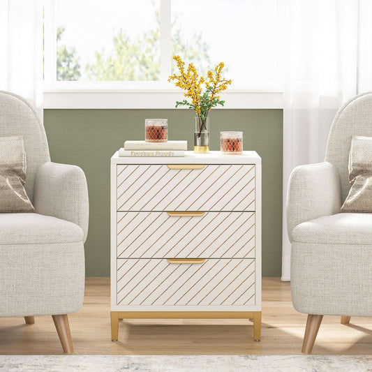 Elegant Modern White Wooden Bedside Table, 3-Drawer Nightstand for Bedroom – Minimalist Gold Accent Furniture